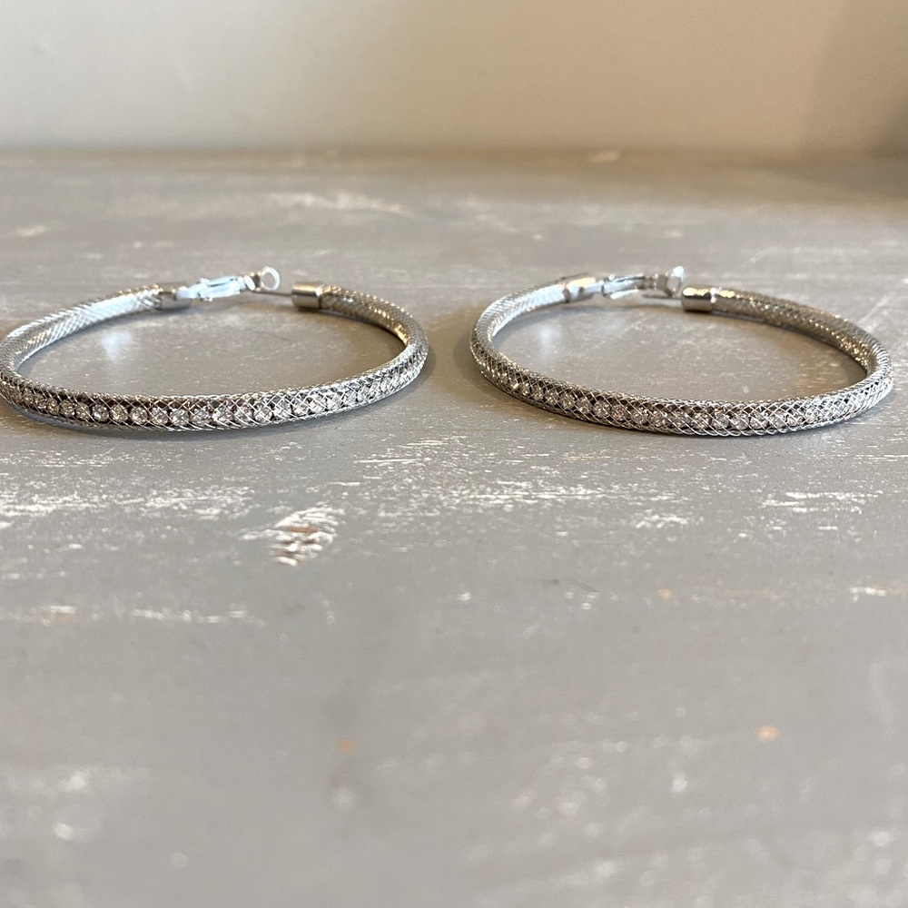 Silver Hoops Bling Rhinestone Large NEW Earrings